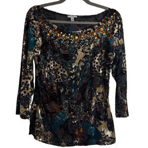 Cache Vintage Y2K Jewel Beaded Velvet Burnout Stretch Lightweight Top Size L